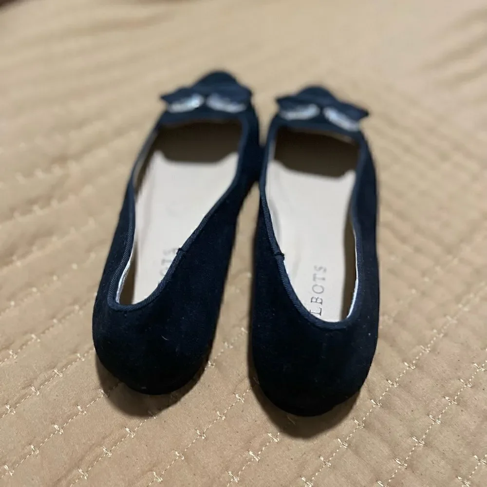 Talbots Black leather upper bow rhinestone flat 5M